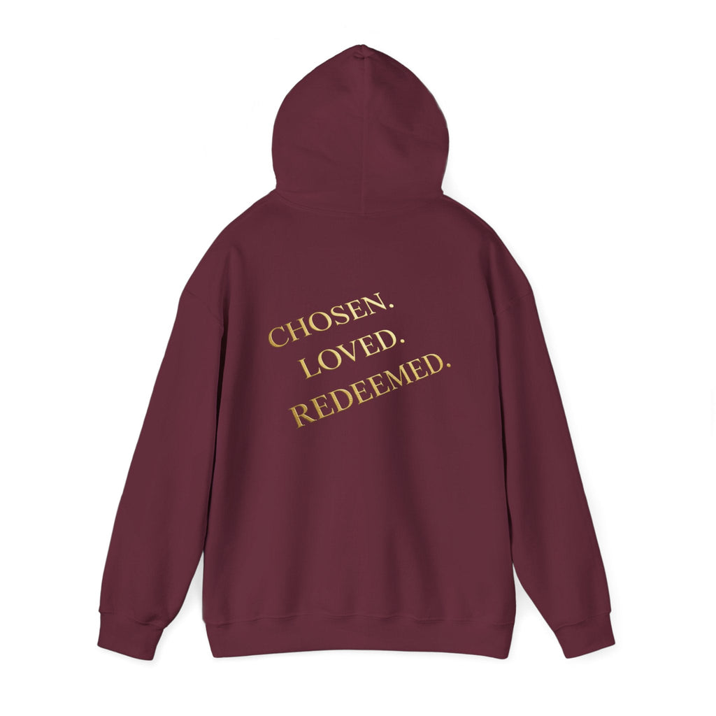 ✨ Chosen. Loved. Redeemed. – Elegant Christian Hoodie | Gold Foil Faith Tee | Subtle Cross & Heart Design | Inspirational Bible Verse Apparel by Uplifted Gear Printify