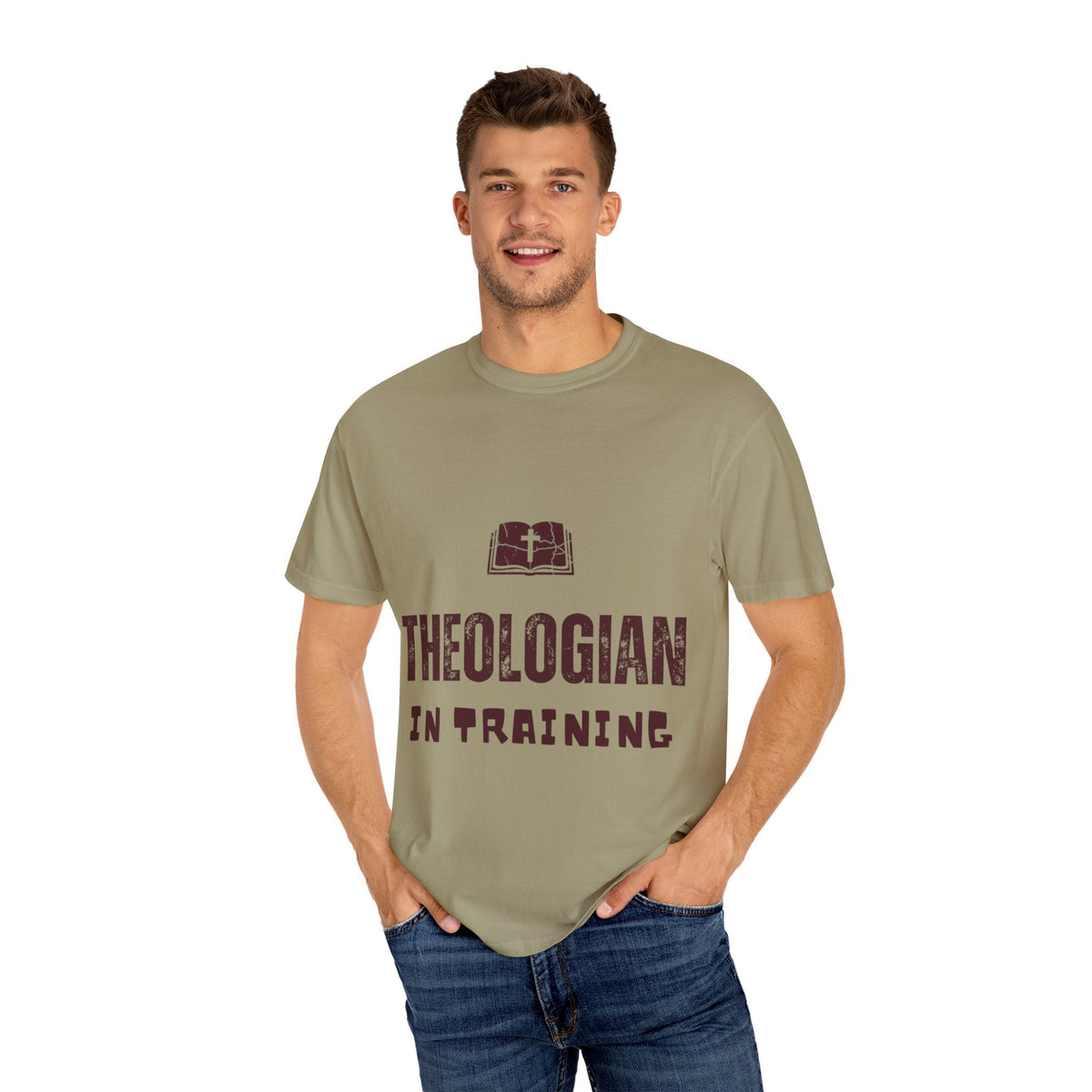 Theologian in Training T-Shirt – Open Bible & Cross Christian Tee for Faithful Learners Printify