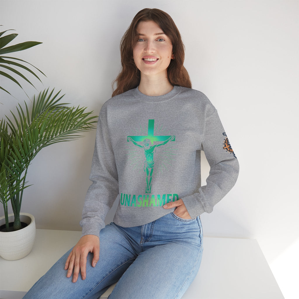 Unashamed Sweatshirt – Romans 1:16 Crucifixion Christian Sweatshirt for Bold Unwavering Faith Printify