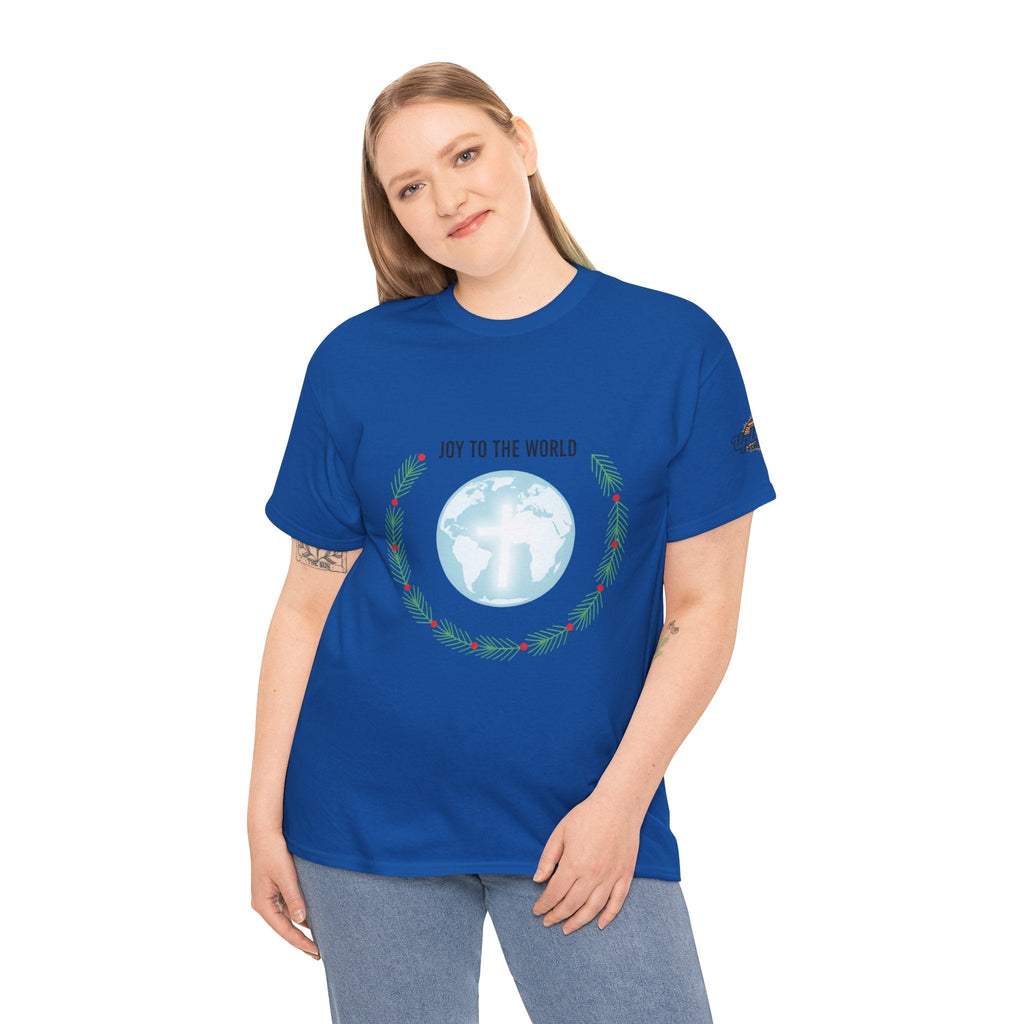 Joy to the World T-shirt – Wreath Earth Nativity Christian Christmas T-shirt for Isaiah 9:6 Holiday Faith & Festive Joy Printify