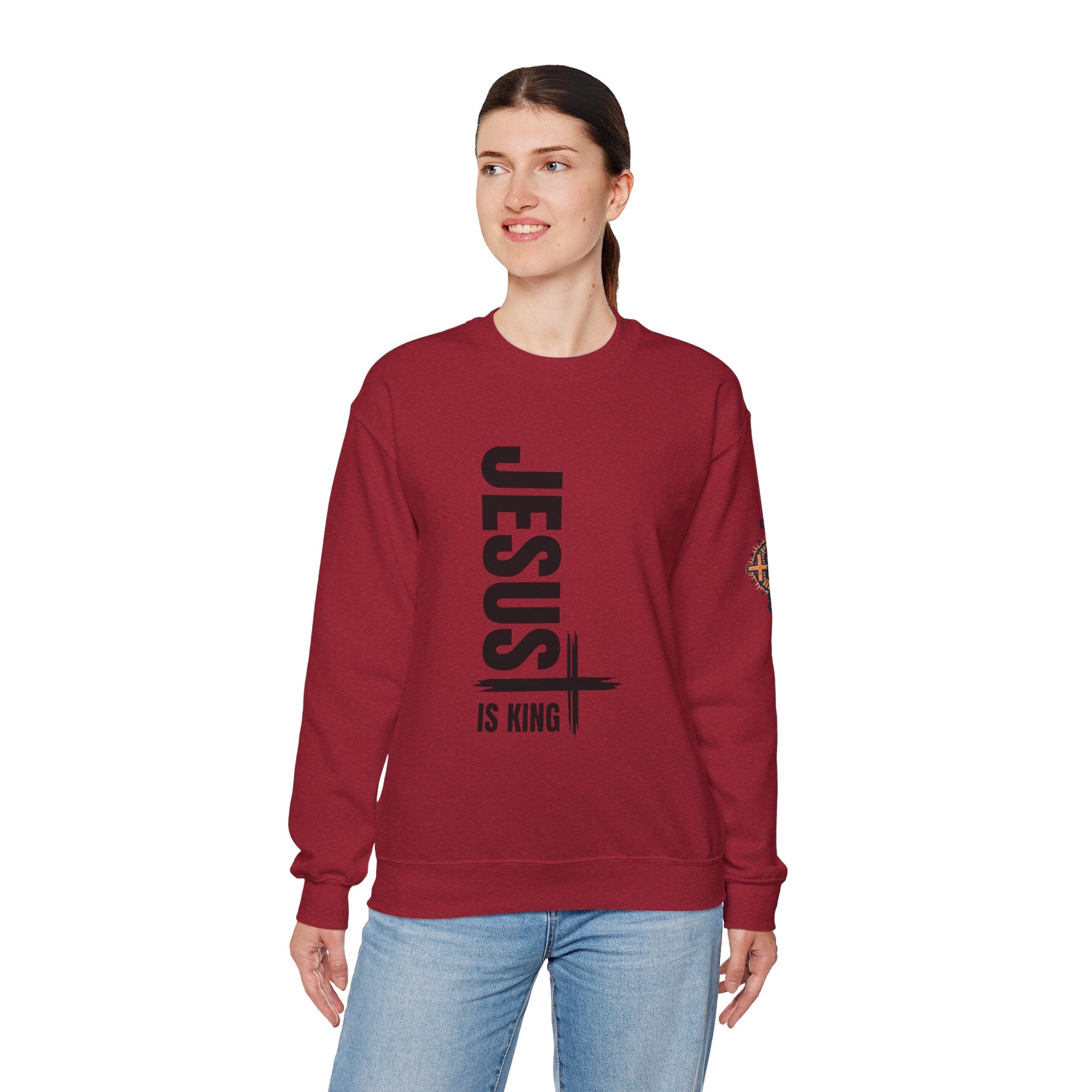 Jesus Is King Sweatshirt | Modern Typographic Cross Christian Sweatshirt Printify