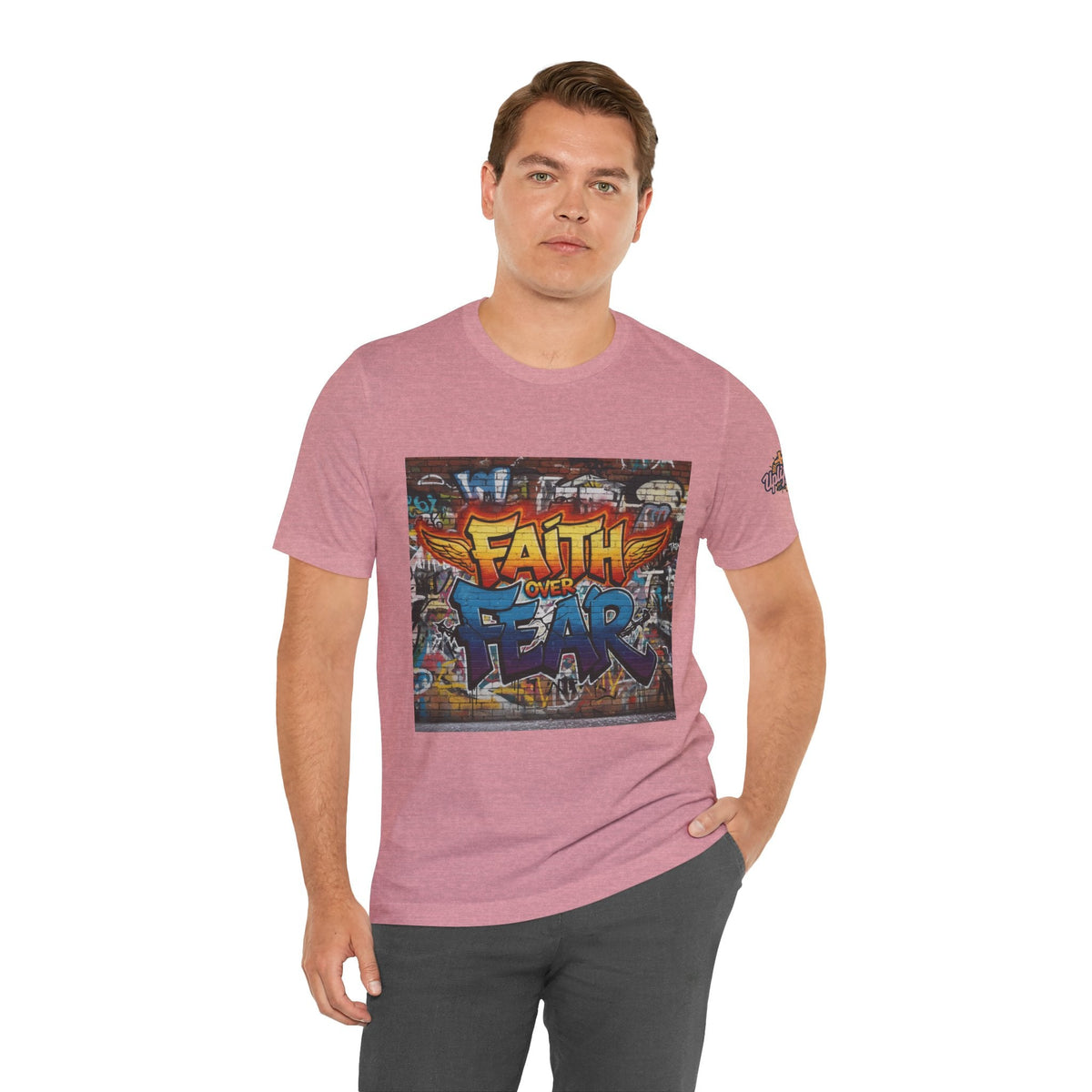 Faith Over Fear T-shirt – Graffiti Wall Christian T-shirt for Bold 2 Corinthians 5:7 Streetwear & Unshakable Faith Printify