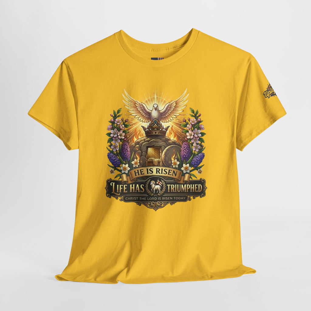 He Is Risen "Life Has Triumphed" T-Shirt — Easter Resurrection Christian Tee Printify