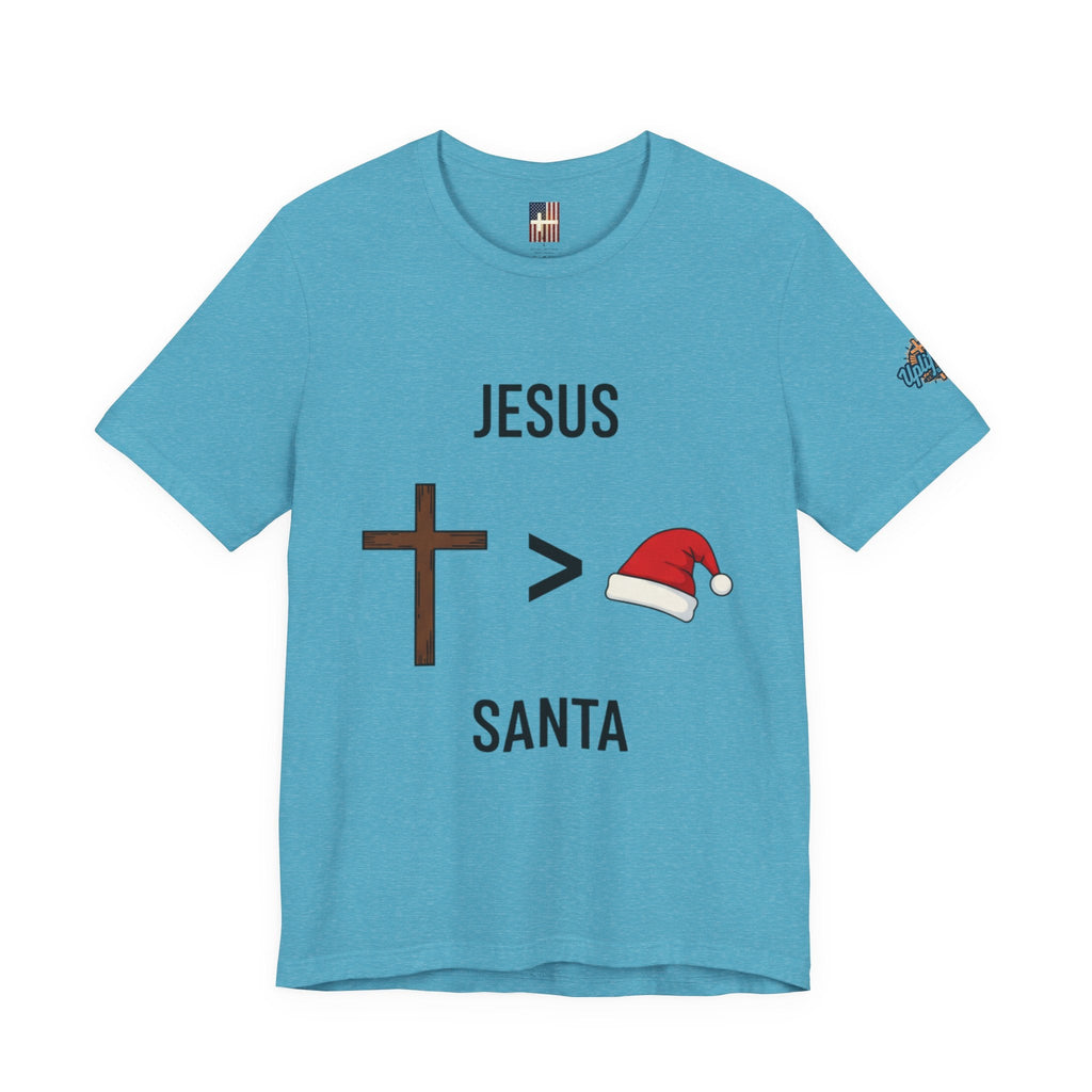 🎄 Jesus > Santa – Minimalist Christian Christmas T-Shirt | Bold Faith Over Holiday Tee | Cross vs Santa Hat Design | Uplifted Gear Printify