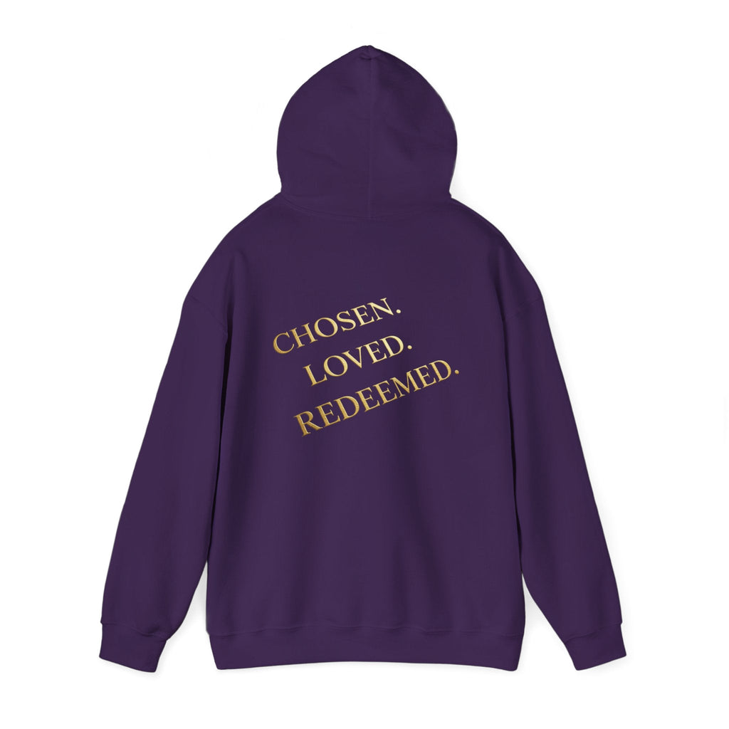 ✨ Chosen. Loved. Redeemed. – Elegant Christian Hoodie | Gold Foil Faith Tee | Subtle Cross & Heart Design | Inspirational Bible Verse Apparel by Uplifted Gear Printify