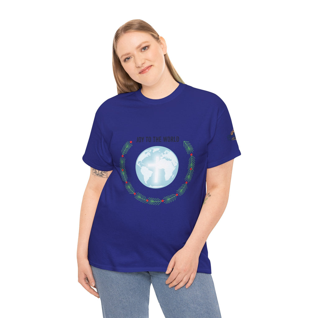 Joy to the World T-shirt – Wreath Earth Nativity Christian Christmas T-shirt for Isaiah 9:6 Holiday Faith & Festive Joy Printify