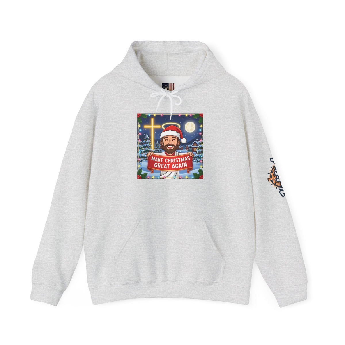 🎄 Make Christmas Great Again – Funny Christian Hoodie | Jesus Holding Banner | Faith-Based Holiday Parody Tee | Uplifted Gear Printify