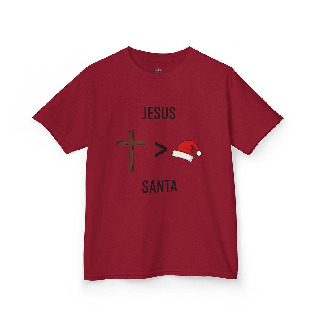 🎄 Jesus > Santa – Minimalist Christian Christmas Kids T-Shirt | Bold Faith Over Holiday Tee | Cross vs Santa Hat Design | Uplifted Gear Printify