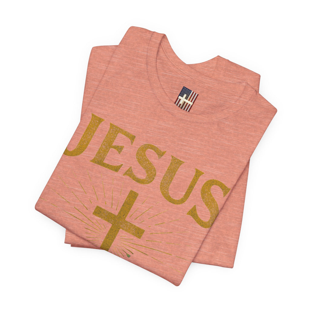 Jesus Saves T-shirt – Radiant Cross & Rays of Light Christian T-shirt for Eternal Hope & Faith Printify