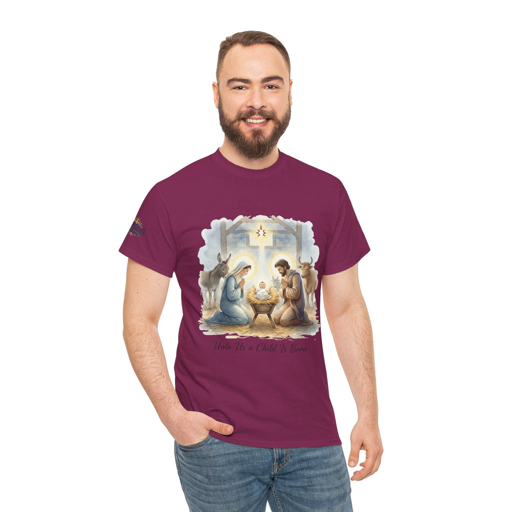 Unto Us a Child is Born T-shirt – Isaiah 9:6 Nativity Manger Scene Christian Christmas T-shirt for Holy Night Faith Printify