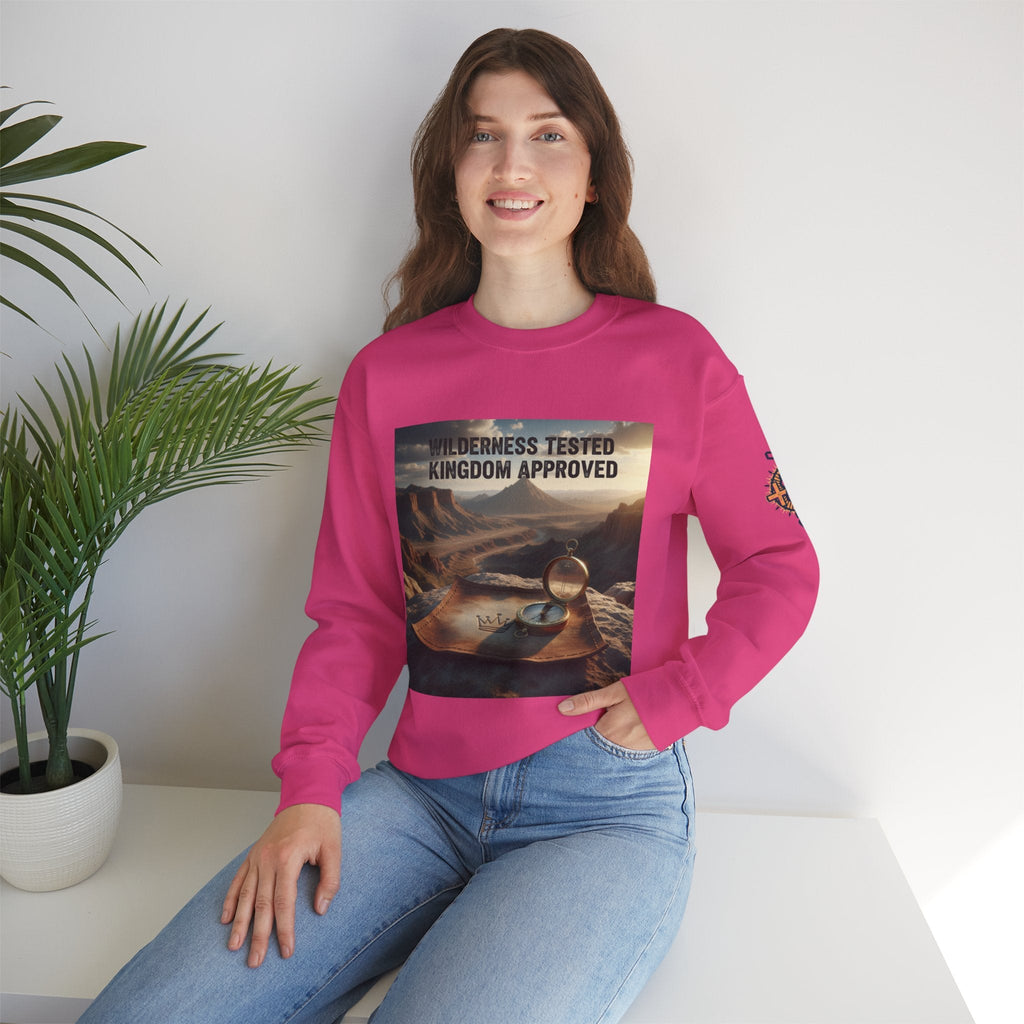 Wilderness Tested Kingdom Approved Sweatshirt – Mountain Desert Compass Crown Christian Sweatshirt for Biblical Adventure Faith Printify