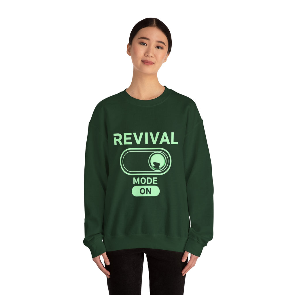 🔥 Revival Mode: ON – Christian Techwear Sweatshirt | Glowing Green Faith Switch | Futuristic Jesus Shirt | Activate Your Spiritual Awakening | Uplifted Gear Printify