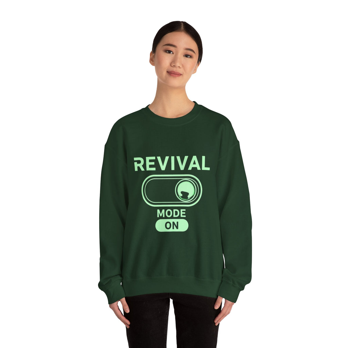 🔥 Revival Mode: ON – Christian Techwear Sweatshirt | Glowing Green Faith Switch | Futuristic Jesus Shirt | Activate Your Spiritual Awakening | Uplifted Gear Printify