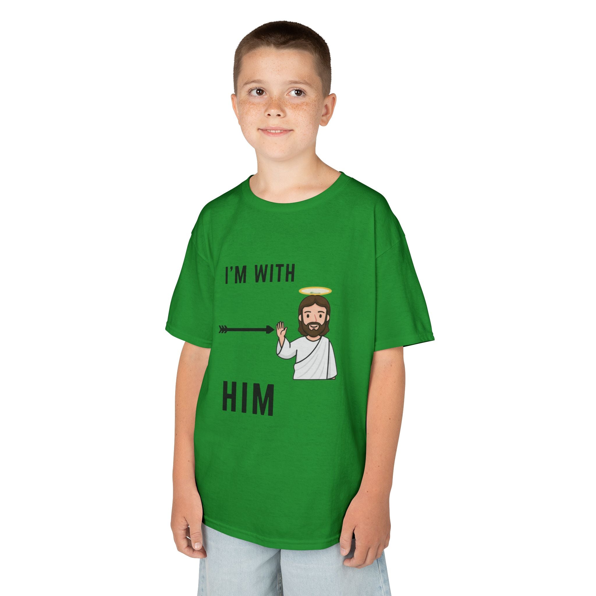 🔥 I’m With Him → Christian Kids T-Shirt | Arrow Pointing to Jesus | Minimalist Faith Tee | Subtle Cross Design | Bible-Inspired Apparel by Uplifted Gear Printify