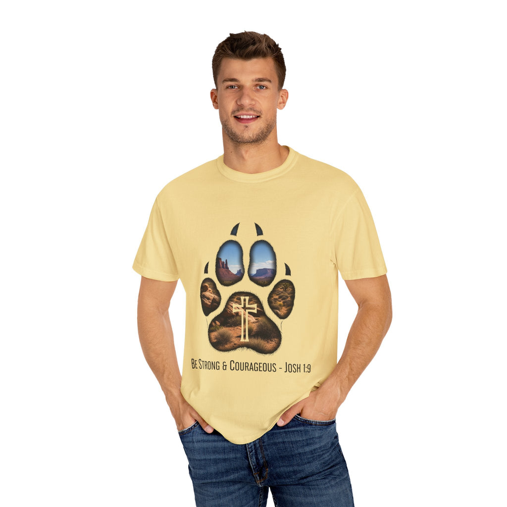 Strong and Courageous T-Shirt – Canine Pawprint Desert Joshua 1:9 Christian Tee Printify