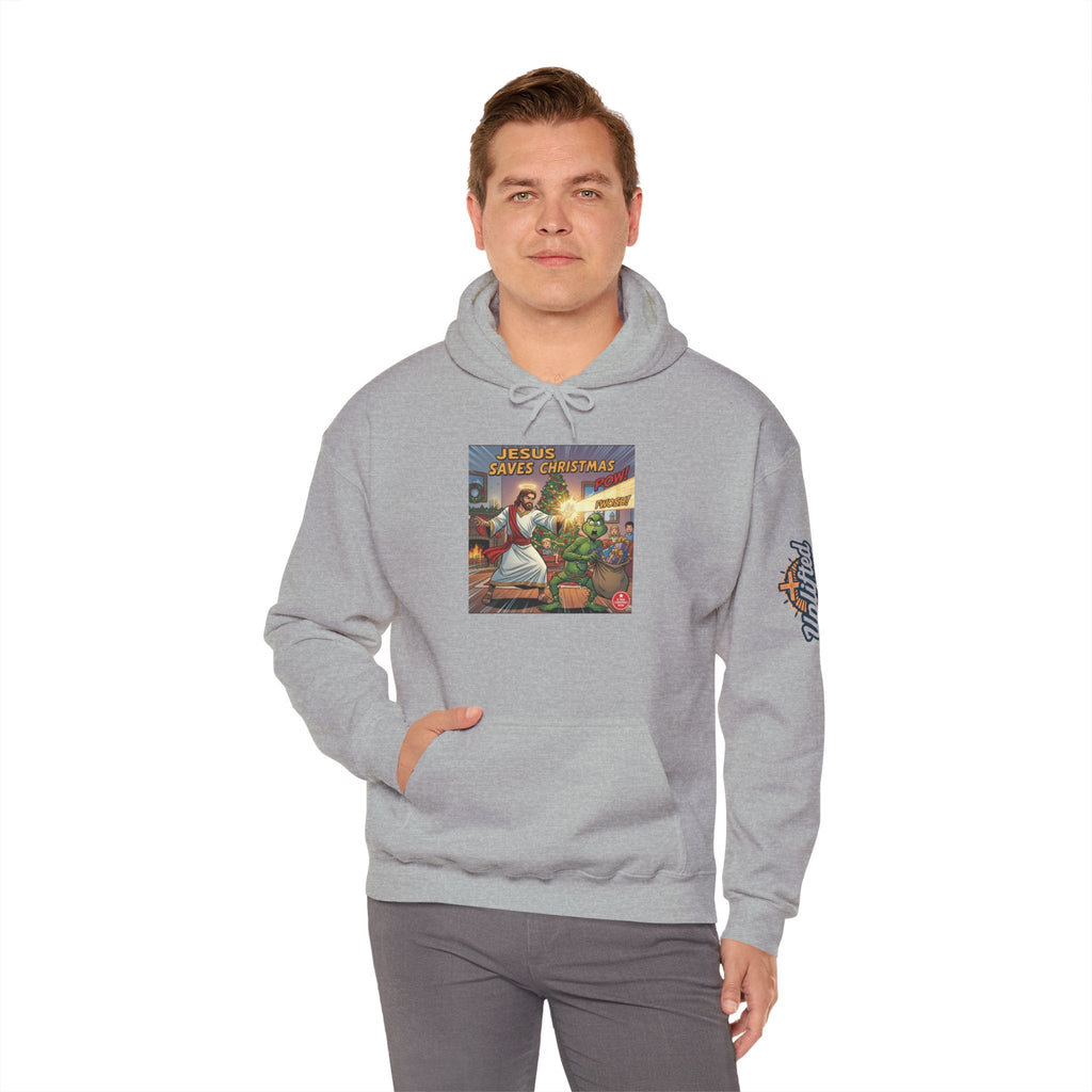 Jesus Saves Christmas Hoodie – Grinch vs Savior Light Battle Christian Sweatshirt for Hilarious Holiday Faith & True Joy Printify