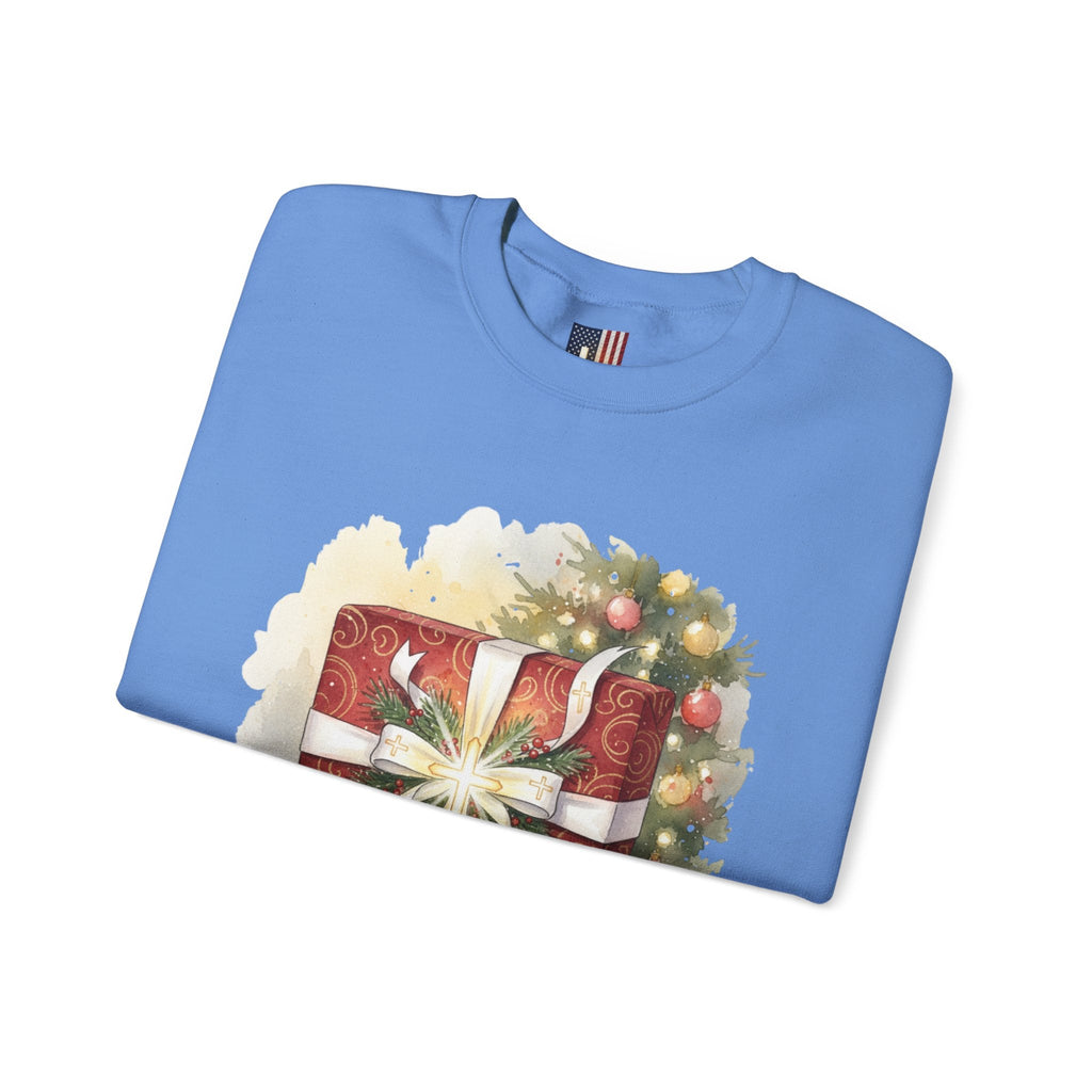 The Greatest Gift Sweatshirt – Cross Bow Present Christian Sweatshirt for Christmas Salvation & Eternal Faith Printify