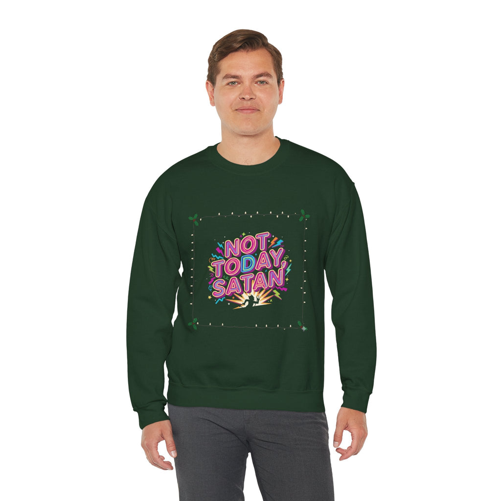 🔥 Not Today, Satan – Retro 90s Christian Sweatshirt | Neon Faith Tee | Funky Cartoon Devil | Bold Bible Verse Shirt | Uplifted Gear Printify