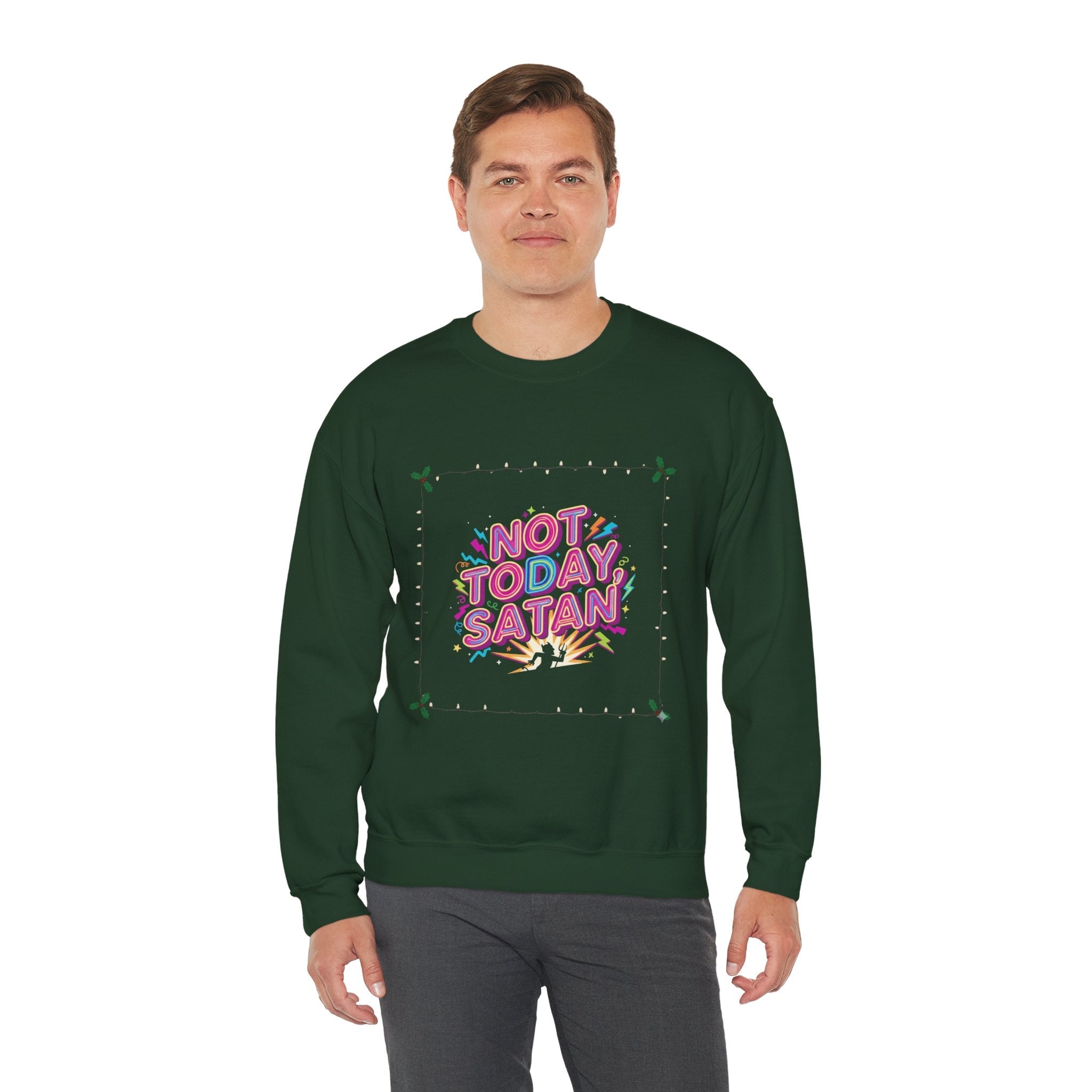 🔥 Not Today, Satan – Retro 90s Christian Sweatshirt | Neon Faith Tee | Funky Cartoon Devil | Bold Bible Verse Shirt | Uplifted Gear Printify