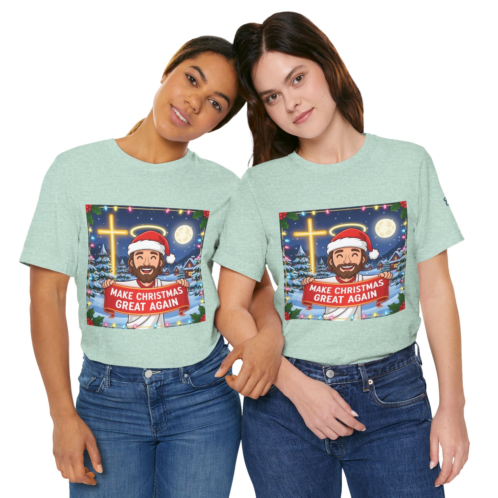🎄 Make Christmas Great Again – Funny Christian T-Shirt | Jesus Holding Banner | Faith-Based Holiday Parody Tee | Uplifted Gear Printify