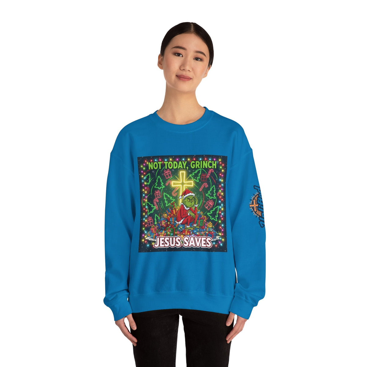 🎄 Not Today, Grinch – Jesus Saves | Funny Christian Christmas Sweatshirt | Festive Green & Red Cartoon Style | Bold Faith Holiday Tee by Uplifted Gear Printify