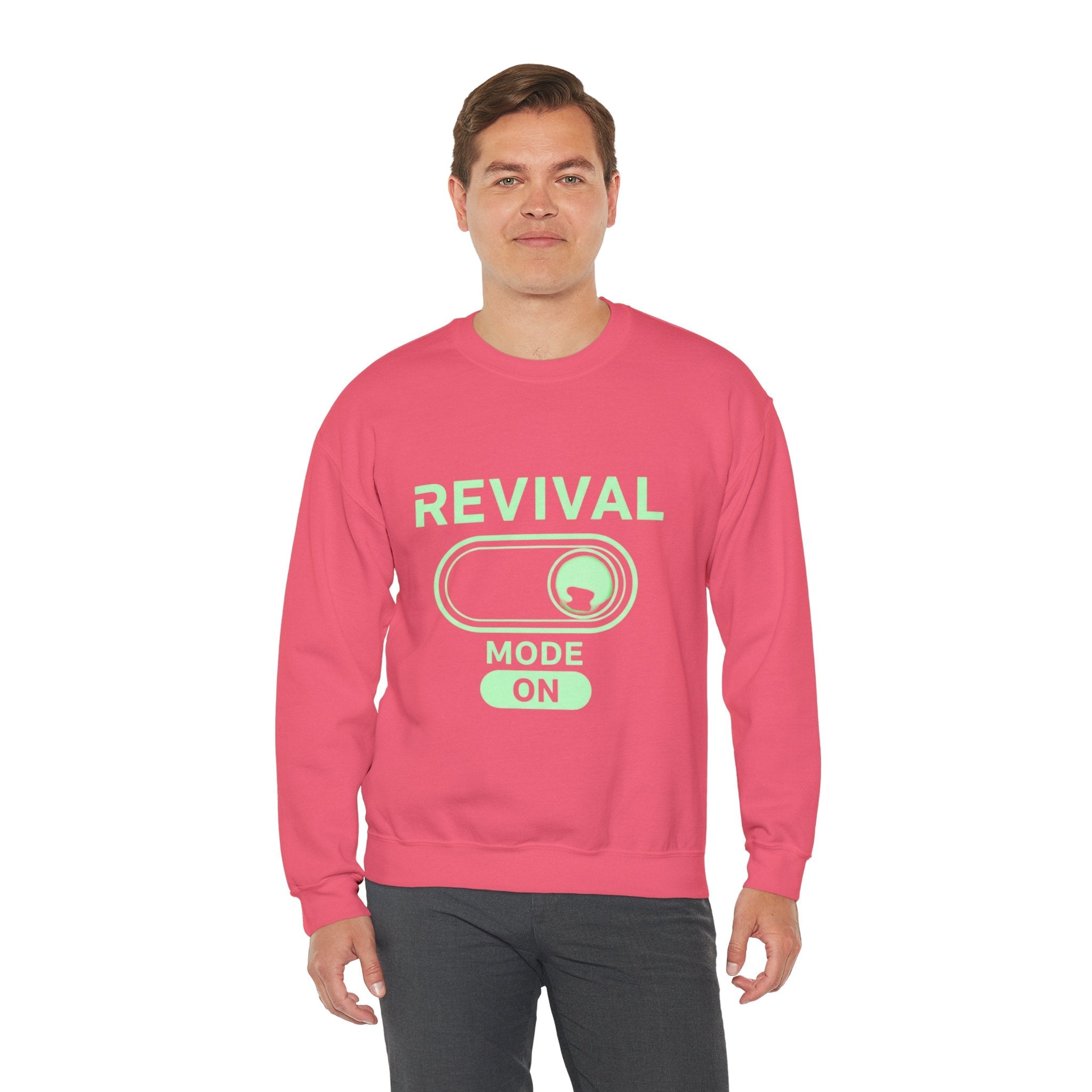 🔥 Revival Mode: ON – Christian Techwear Sweatshirt | Glowing Green Faith Switch | Futuristic Jesus Shirt | Activate Your Spiritual Awakening | Uplifted Gear Printify