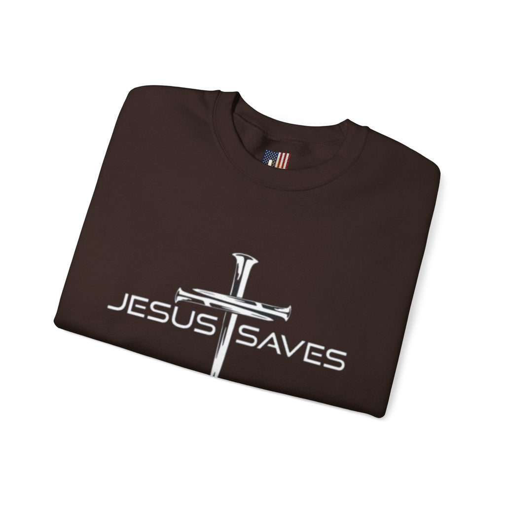 Jesus Saves Sweatshirt – 3 Nails Crucifix Cross Christian Sweatshirt for Redemption Faith & Bold Salvation Printify