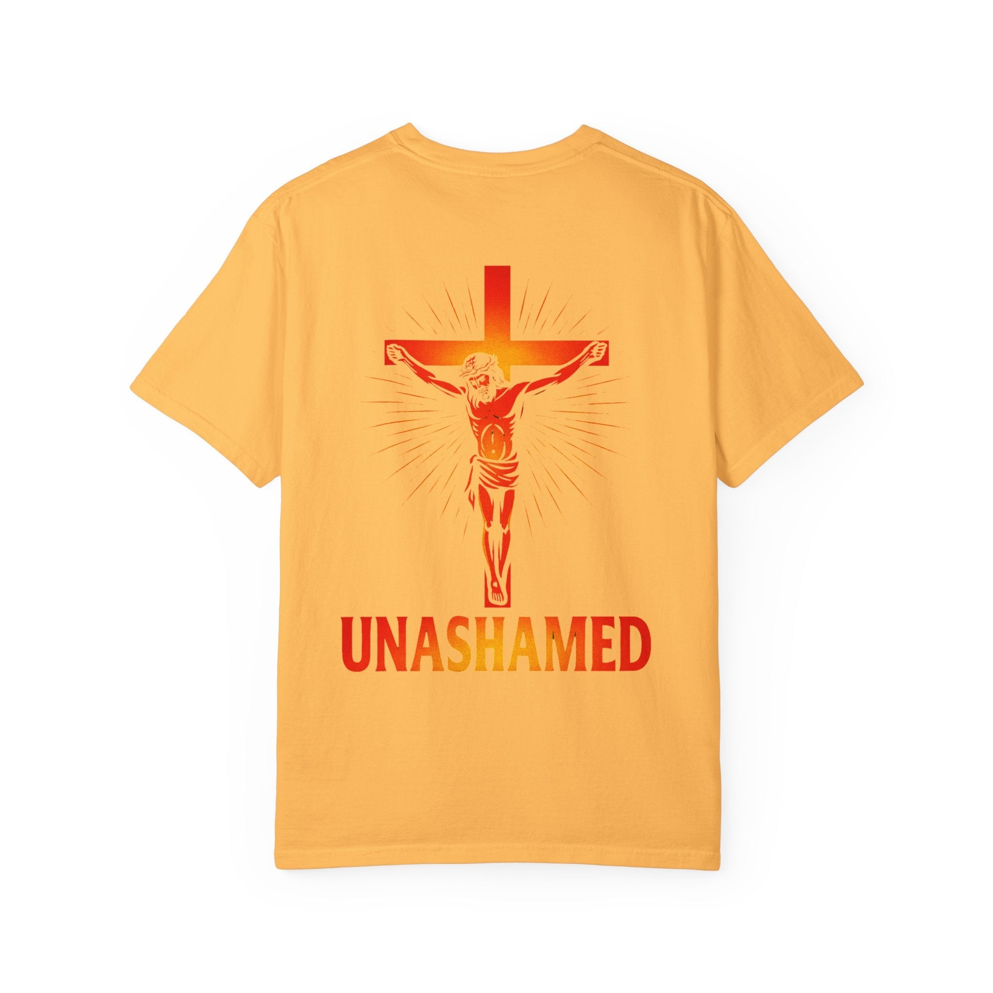 Unashamed T-shirt – Romans 1:16 Crucifixion Christian t-shirt for Bold Unwavering Faith Red Printify