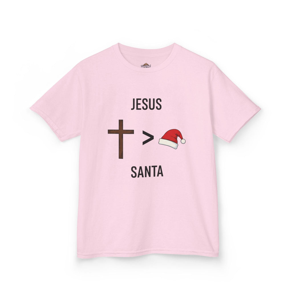 🎄 Jesus > Santa – Minimalist Christian Christmas Kids T-Shirt | Bold Faith Over Holiday Tee | Cross vs Santa Hat Design | Uplifted Gear Printify