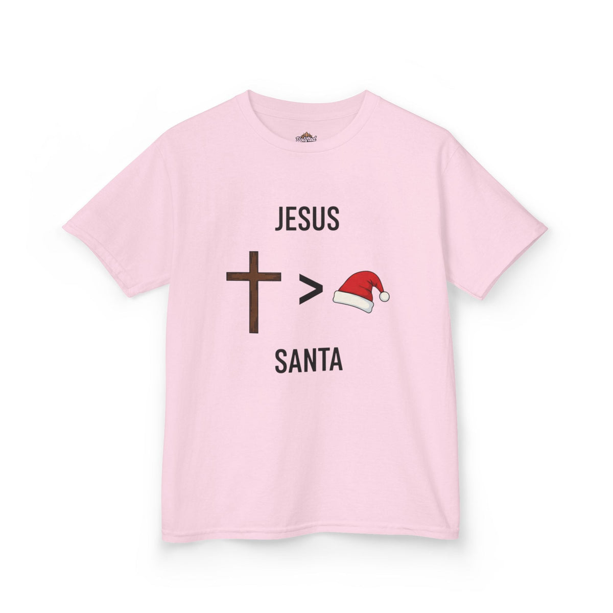 🎄 Jesus > Santa – Minimalist Christian Christmas Kids T-Shirt | Bold Faith Over Holiday Tee | Cross vs Santa Hat Design | Uplifted Gear Printify