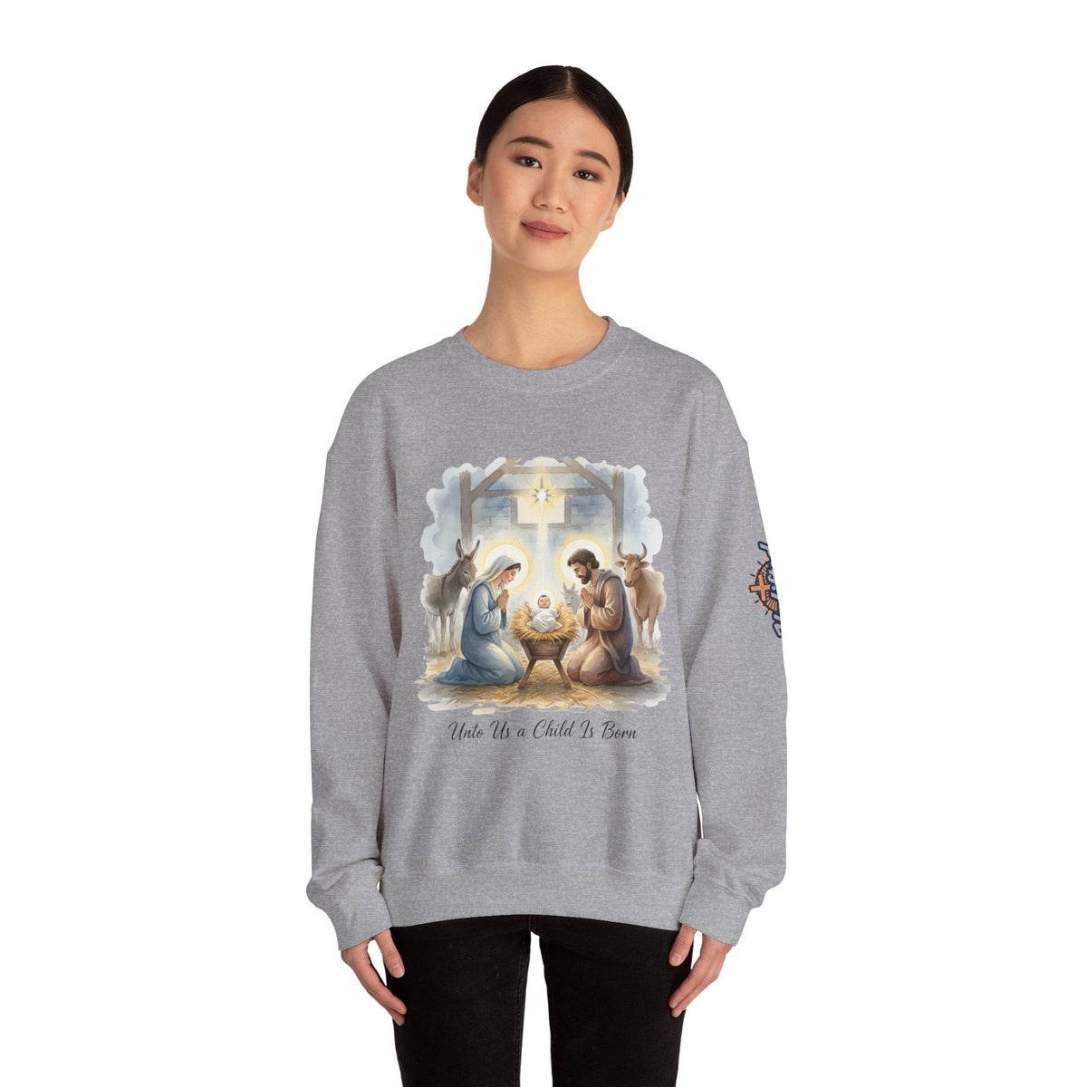 Unto Us a Child is Born Sweatshirt – Isaiah 9:6 Nativity Manger Scene Christian Christmas Sweatshirt for Holy Night Faith Printify