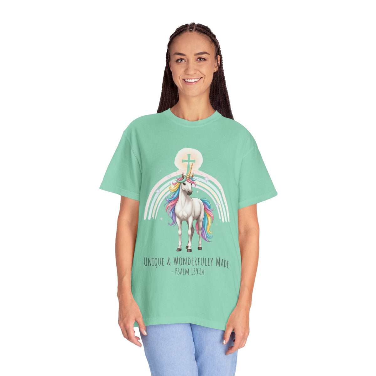 Unique Unicorn Christian T-Shirt – Wonderfully Made with Rainbow Cross & Psalm 139:14 Printify