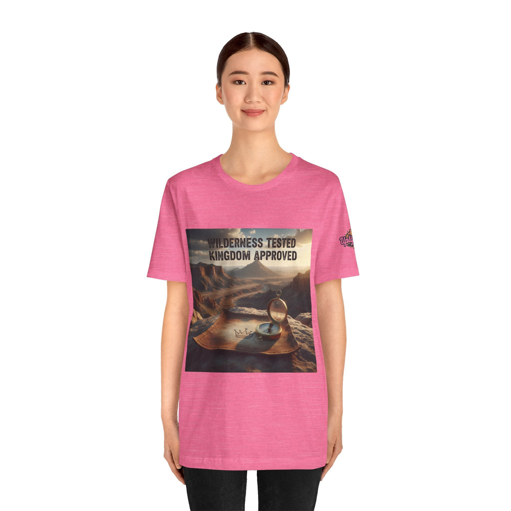 Wilderness Tested Kingdom Approved T-shirt – Mountain Desert Compass Crown Christian T-shirt for Biblical Adventure Faith Printify