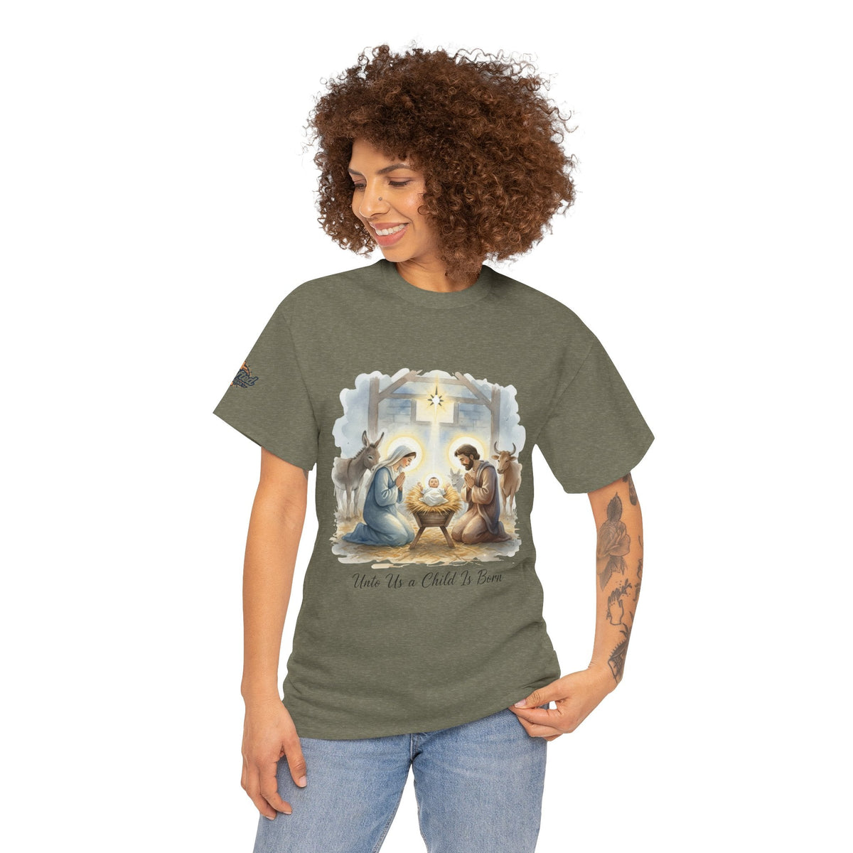 Unto Us a Child is Born T-shirt – Isaiah 9:6 Nativity Manger Scene Christian Christmas T-shirt for Holy Night Faith Printify