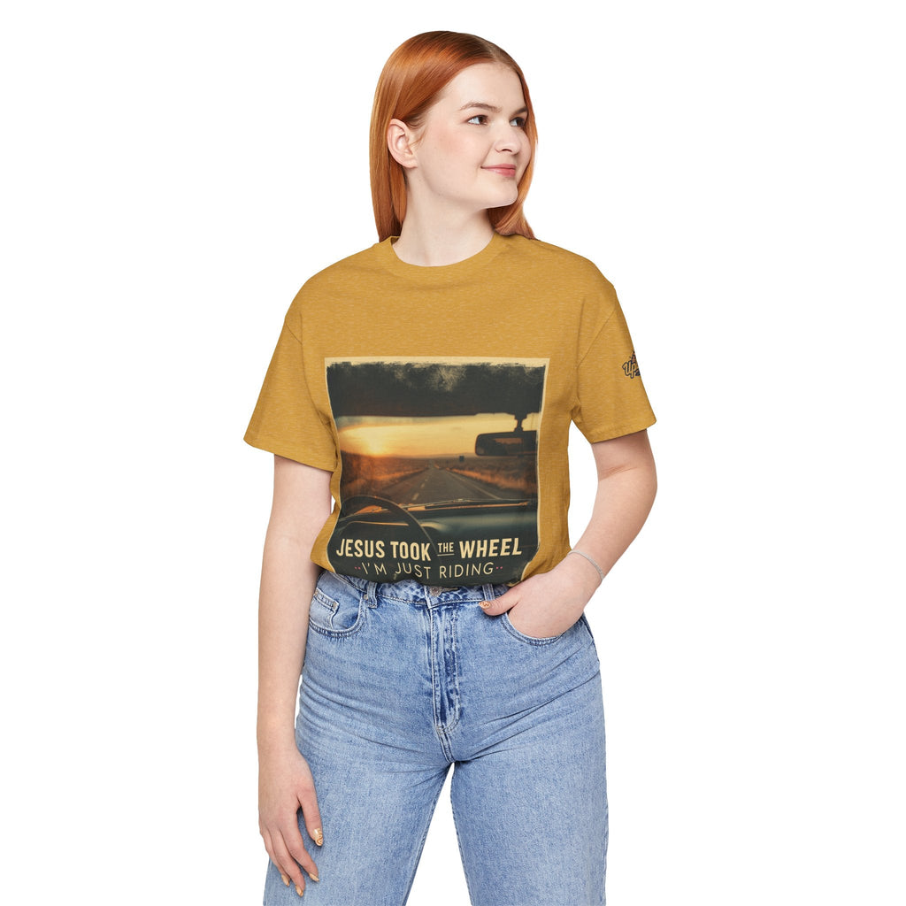Jesus Took the Wheel I'm Just Riding T-shirt – Funny Christian Convertible Car T-shirt for Surrendered Faith & Humor Printify