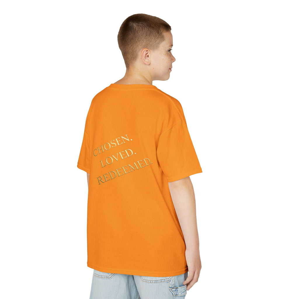 ✨ Chosen. Loved. Redeemed. – Elegant Christian Kids T-Shirt | Gold Foil Faith Tee | Subtle Cross & Heart Design | Inspirational Bible Verse Apparel by Uplifted Gear Printify
