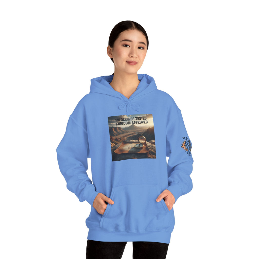 Wilderness Tested Kingdom Approved Hoodie – Mountain Desert Compass Crown Christian Sweatshirt for Biblical Adventure Faith Printify