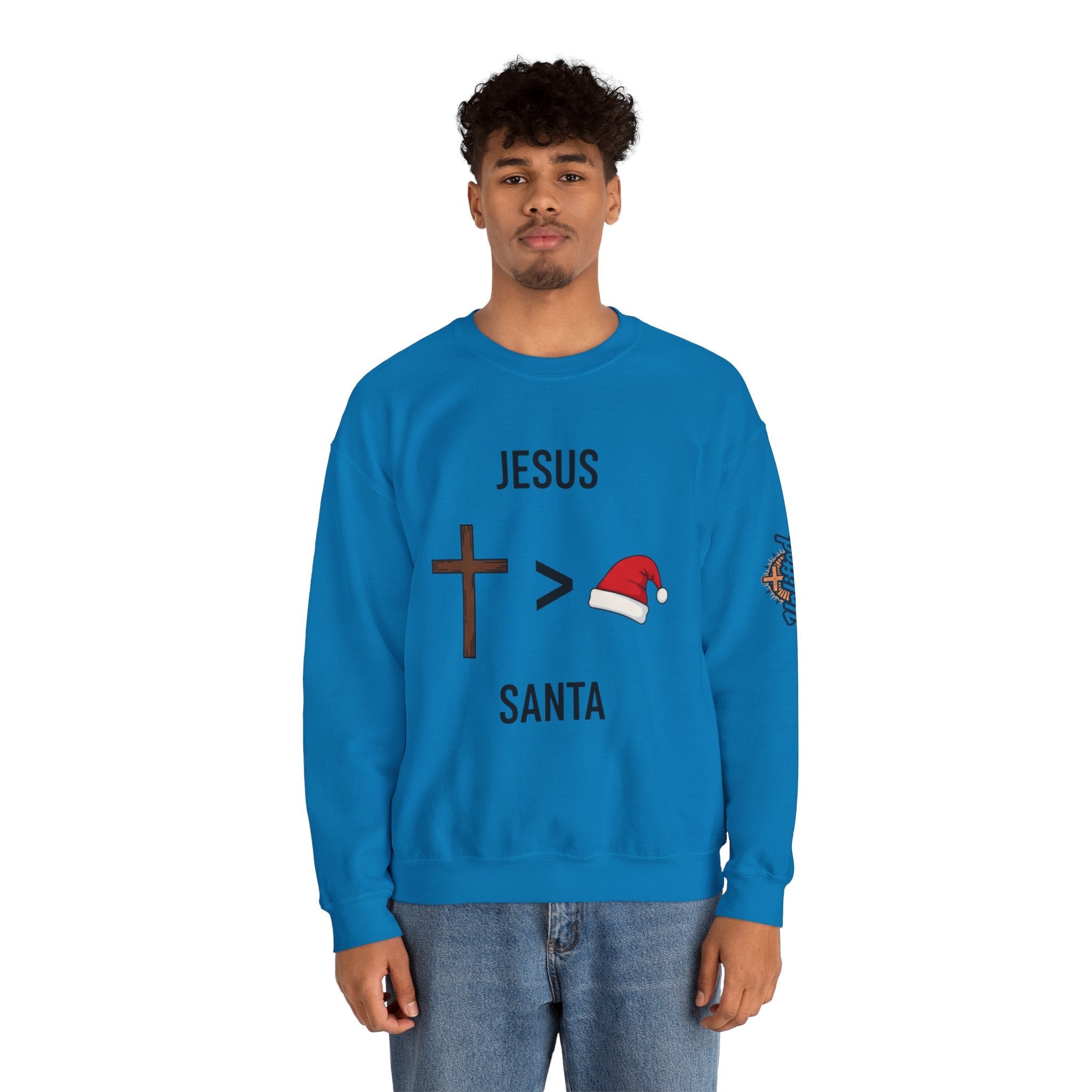 🎄 Jesus > Santa – Minimalist Christian Christmas Sweatshirt | Bold Faith Over Holiday Tee | Cross vs Santa Hat Design | Uplifted Gear Printify