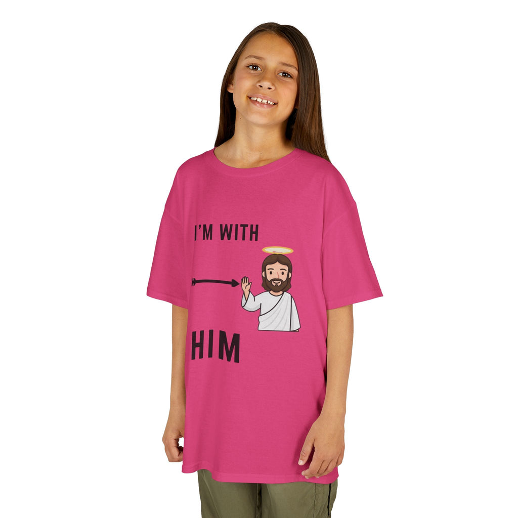 🔥 I’m With Him → Christian Kids T-Shirt | Arrow Pointing to Jesus | Minimalist Faith Tee | Subtle Cross Design | Bible-Inspired Apparel by Uplifted Gear Printify