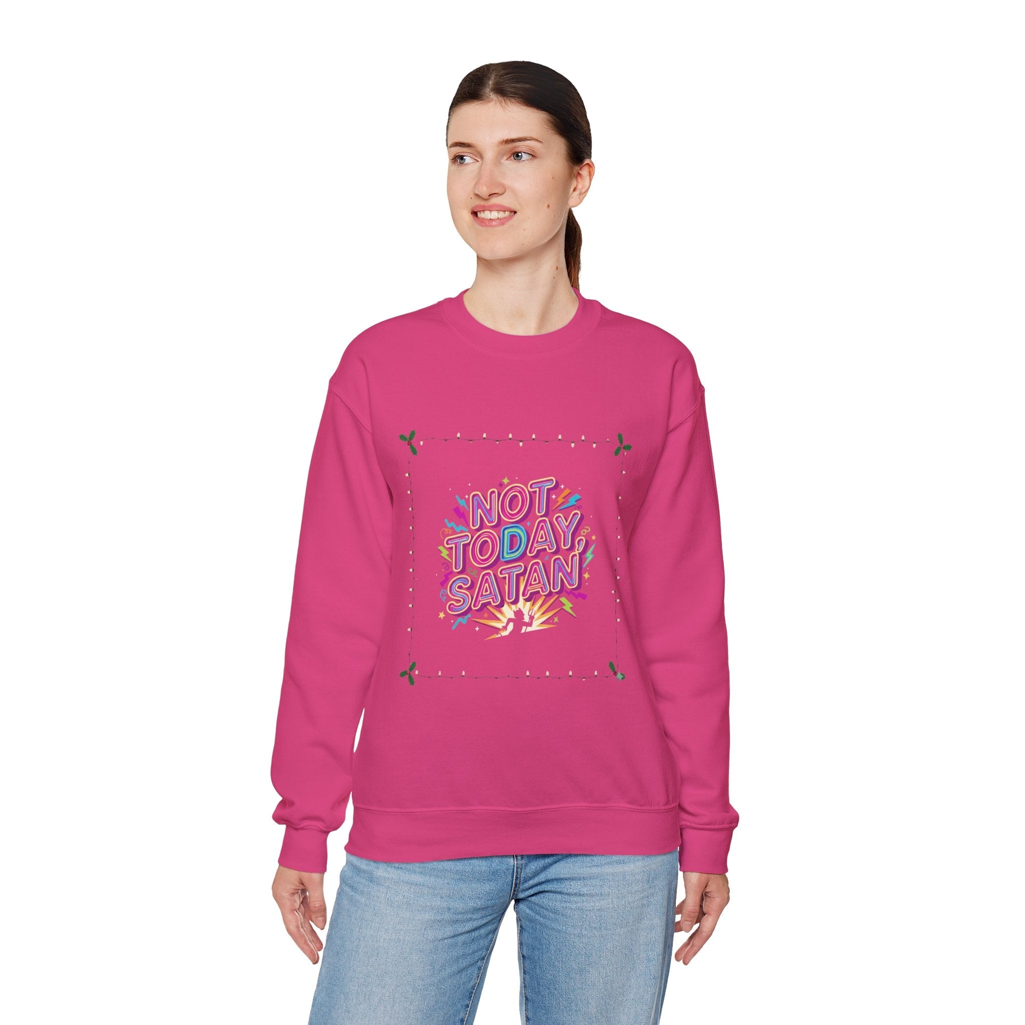 🔥 Not Today, Satan – Retro 90s Christian Sweatshirt | Neon Faith Tee | Funky Cartoon Devil | Bold Bible Verse Shirt | Uplifted Gear Printify