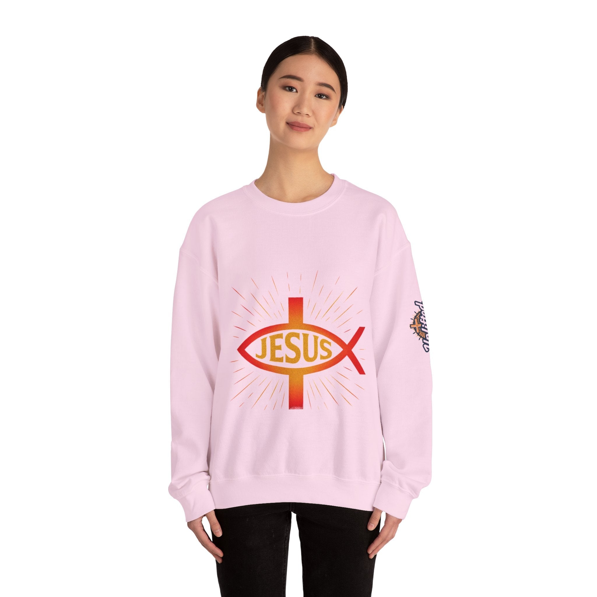 Jesus Ichthys Sweatshirt – Christian Fish Symbol with Cross & Jesus Inscription Sweatshirt for Eternal Faith & Streetwear Printify