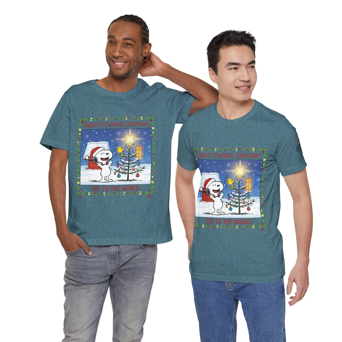 🎄 Faithful Christmas Friends – Christian Holiday T-Shirt | Festive Tree & Cartoon Duo | Heartwarming Christmas Tee by Uplifted Gear Printify
