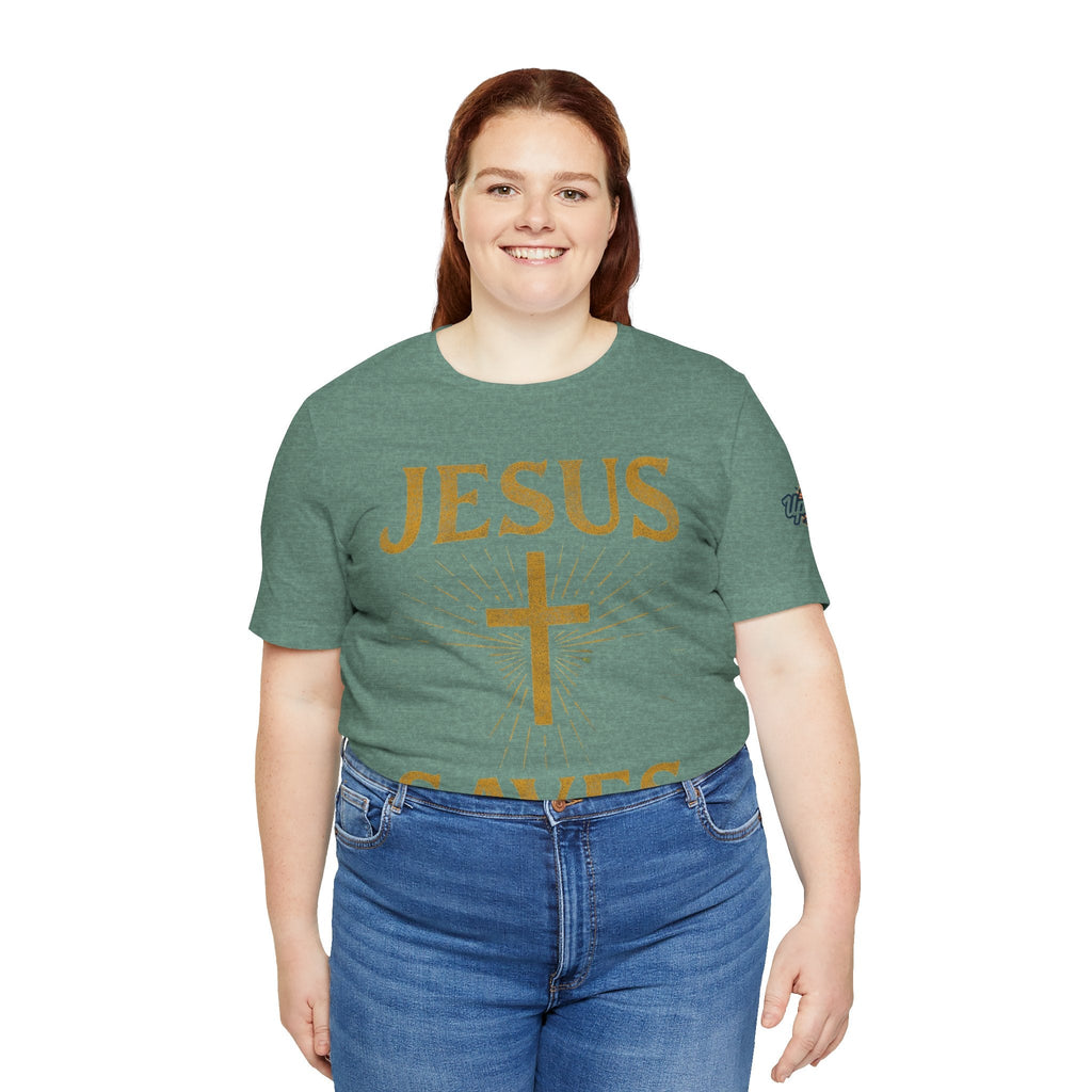 Jesus Saves T-shirt – Radiant Cross & Rays of Light Christian T-shirt for Eternal Hope & Faith Printify