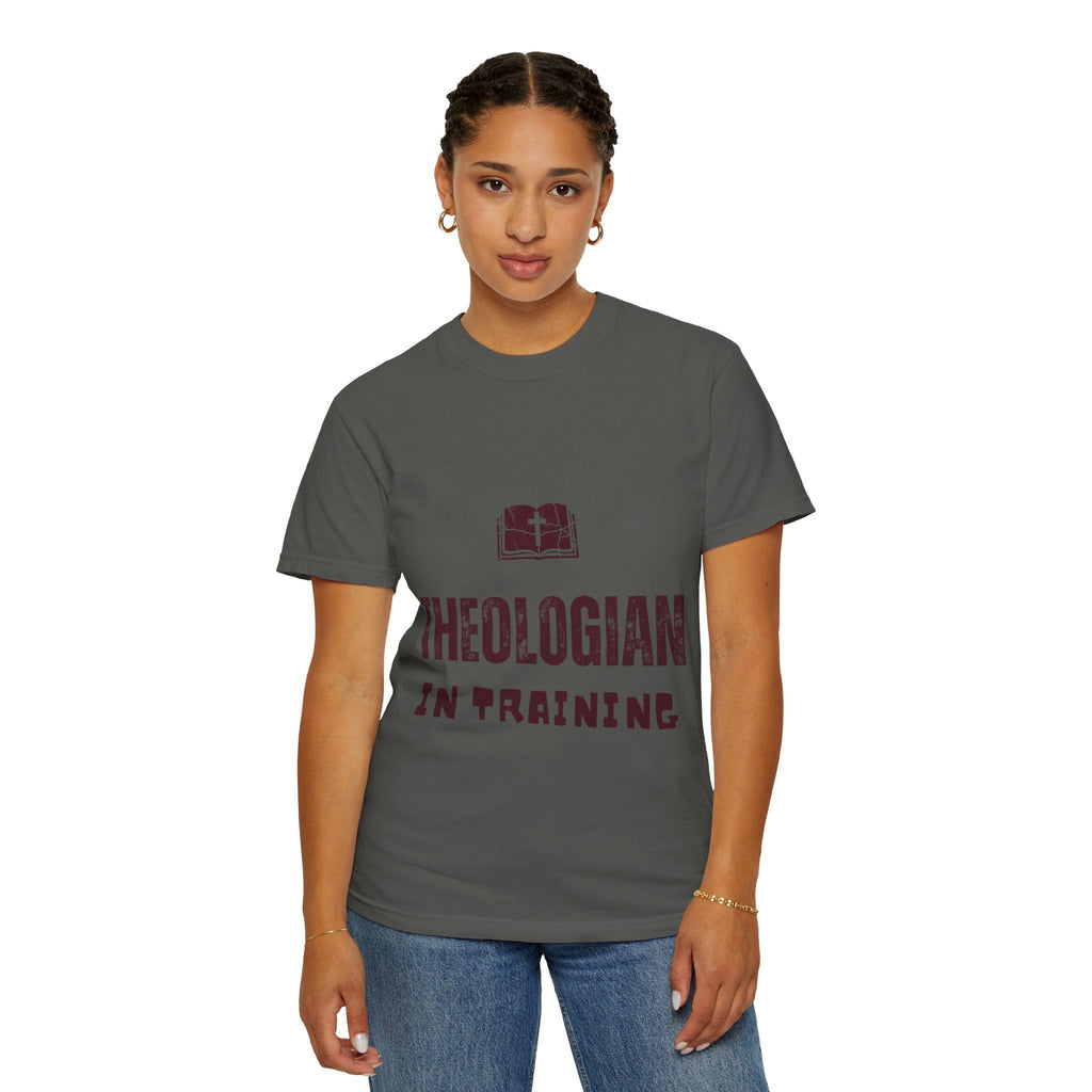 Theologian in Training T-Shirt – Open Bible & Cross Christian Tee for Faithful Learners Printify