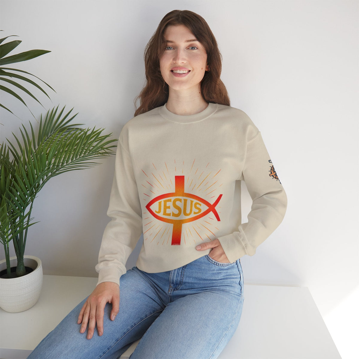 Jesus Ichthys Sweatshirt – Christian Fish Symbol with Cross & Jesus Inscription Sweatshirt for Eternal Faith & Streetwear Printify