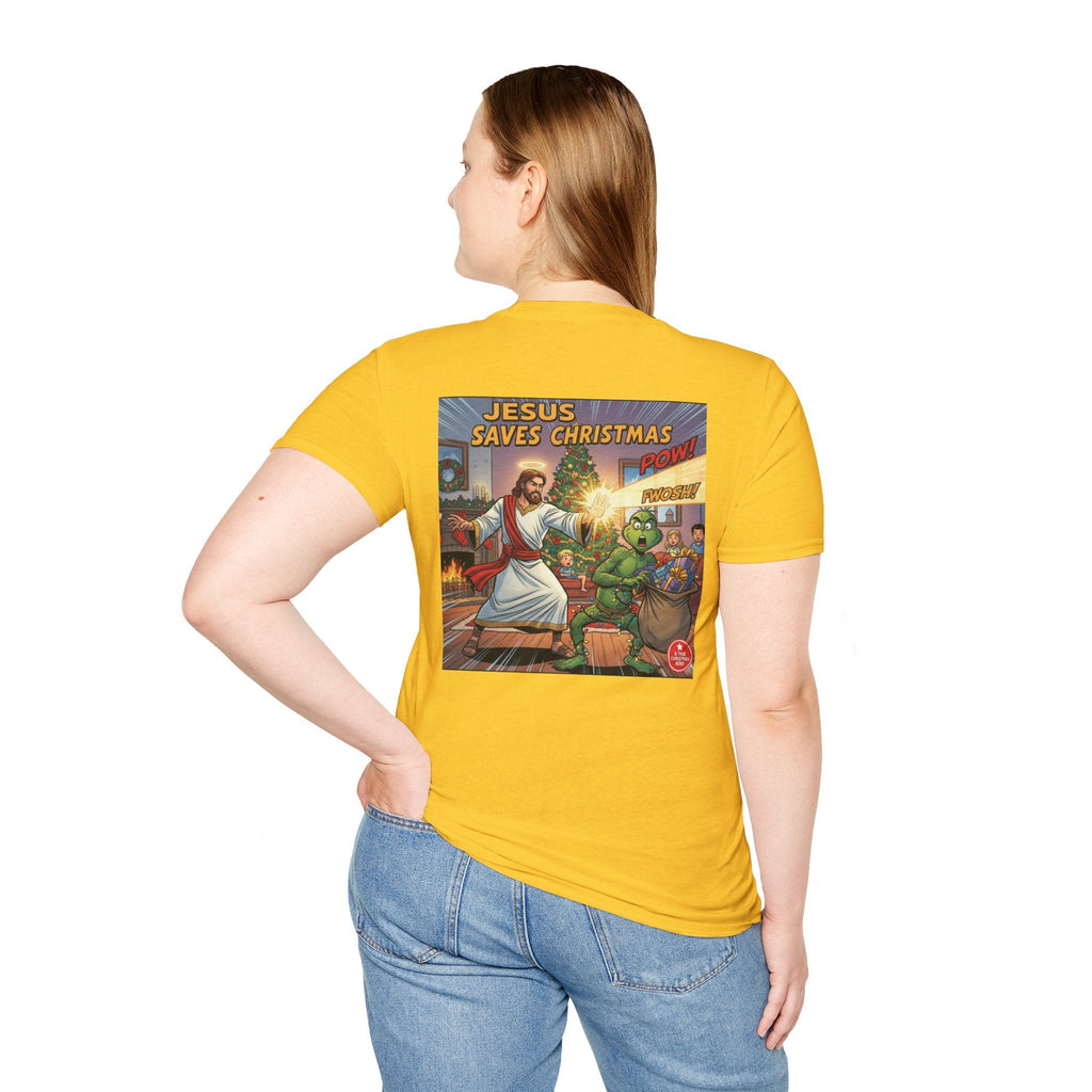 Jesus Saves Christmas T-shirt – Grinch vs Savior Light Battle Christian T-shirt for Hilarious Holiday Faith & True Joy Printify