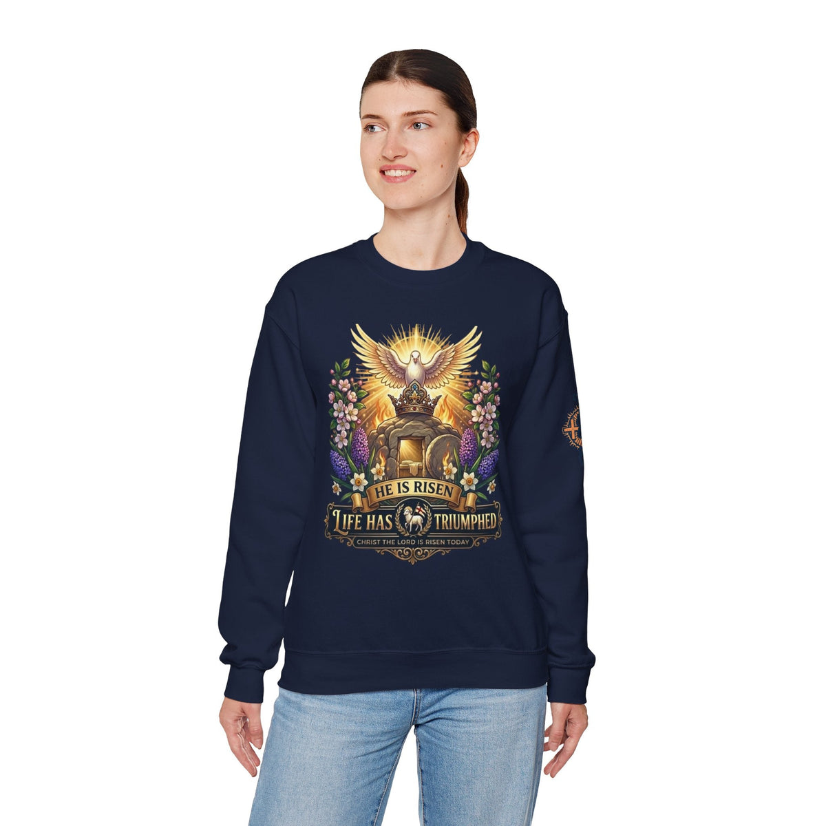 He Is Risen "Life Has Triumphed" Sweatshirt — Easter Resurrection Christian Sweatshirt Printify
