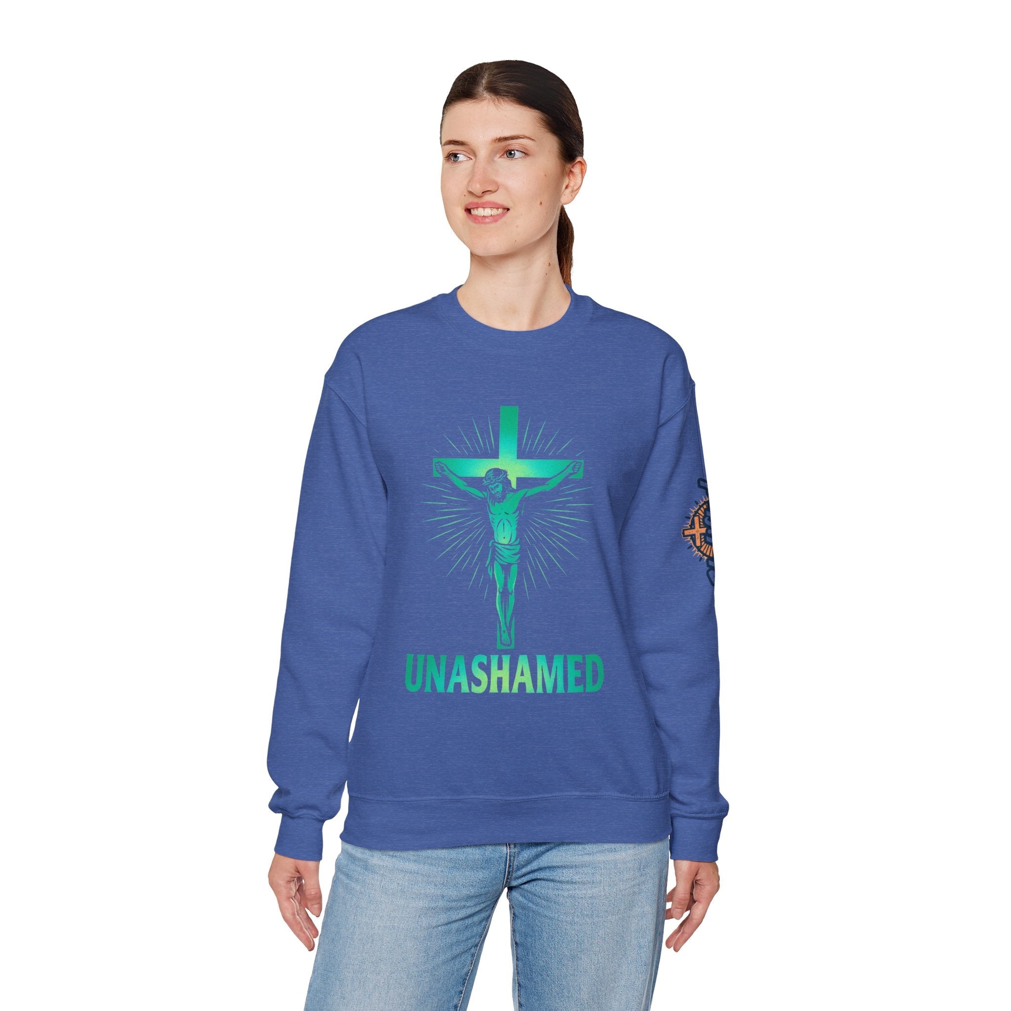 Unashamed Sweatshirt – Romans 1:16 Crucifixion Christian Sweatshirt for Bold Unwavering Faith Printify