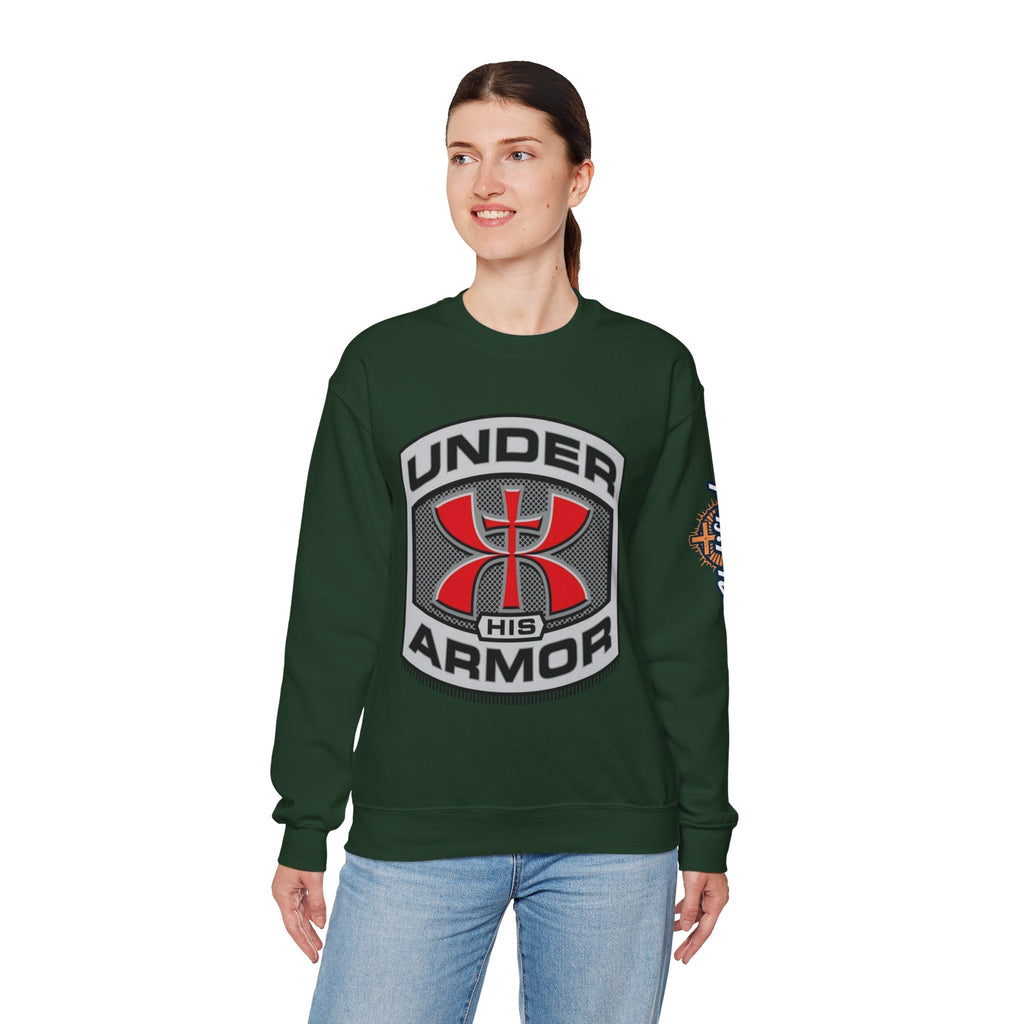 Under His Armor Crewneck Sweatshirt — Christian Faith Graphic Pullover Printify