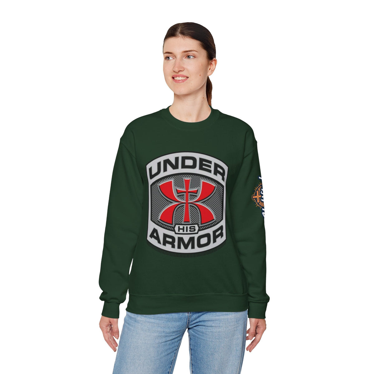 Under His Armor Crewneck Sweatshirt — Christian Faith Graphic Pullover Printify